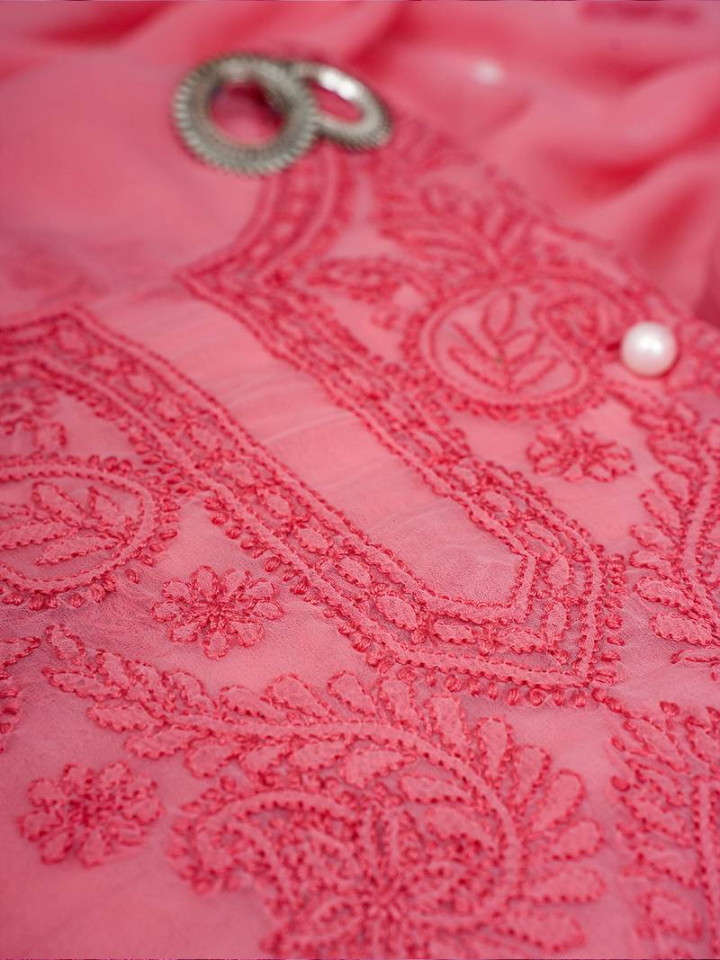 Hand Embroidered Salmon Peach Georgette Lucknowi Chikankari Indian Women Unstitched Suit Piece