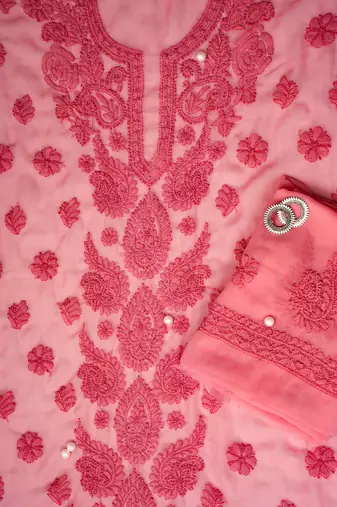 Hand Embroidered Salmon Peach Georgette Lucknowi Chikankari Indian Women Unstitched Suit Piece