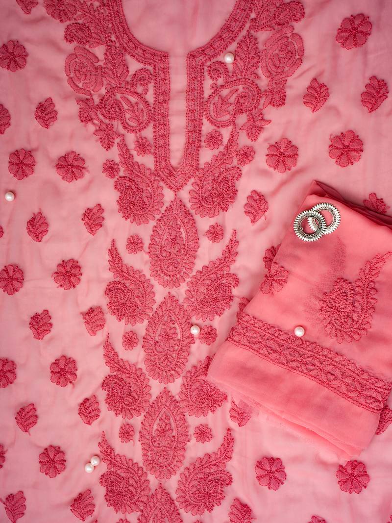 Hand Embroidered Salmon Peach Georgette Lucknowi Chikankari Indian Women Unstitched Suit Piece