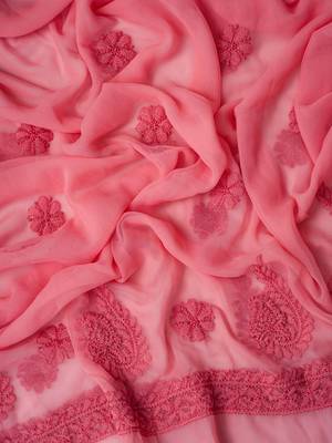 Hand Embroidered Salmon Peach Georgette Lucknowi Chikankari Indian Women Unstitched Suit Piece 5