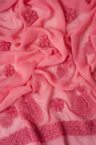 Hand Embroidered Salmon Peach Georgette Lucknowi Chikankari Indian Women Unstitched Suit Piece