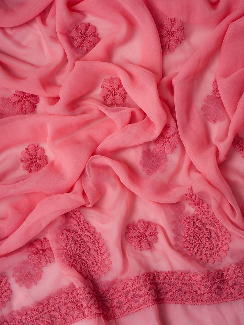 Hand Embroidered Salmon Peach Georgette Lucknowi Chikankari Indian Women Unstitched Suit Piece