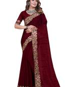 Maroon heavy resham zari embroidery zarkan stone work satin silk party wear with blouse