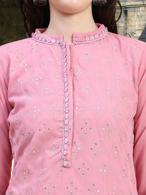 Trendmalls  Light Pink Georgette Sequence Embroidery Party Wear Kurta Pant with Print Dupatta Salwar Suit Set 6