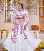 WHITE THREAD EMBROIDERED WITH MIRROR WORK VISCOSE RAYON TRADITIONAL NAVRATRI GARBA FESTIVAL STITCHED LEHENGA CHOLI