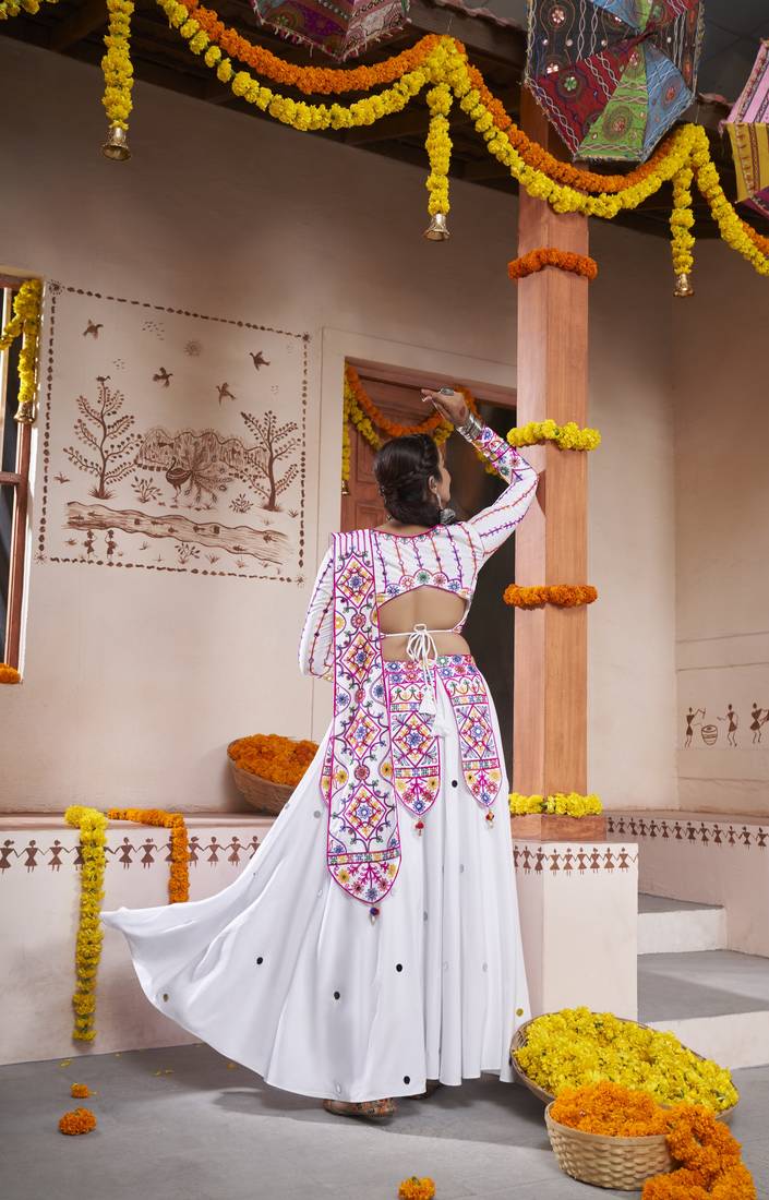 WHITE THREAD EMBROIDERED WITH MIRROR WORK VISCOSE RAYON TRADITIONAL NAVRATRI GARBA FESTIVAL STITCHED LEHENGA CHOLI