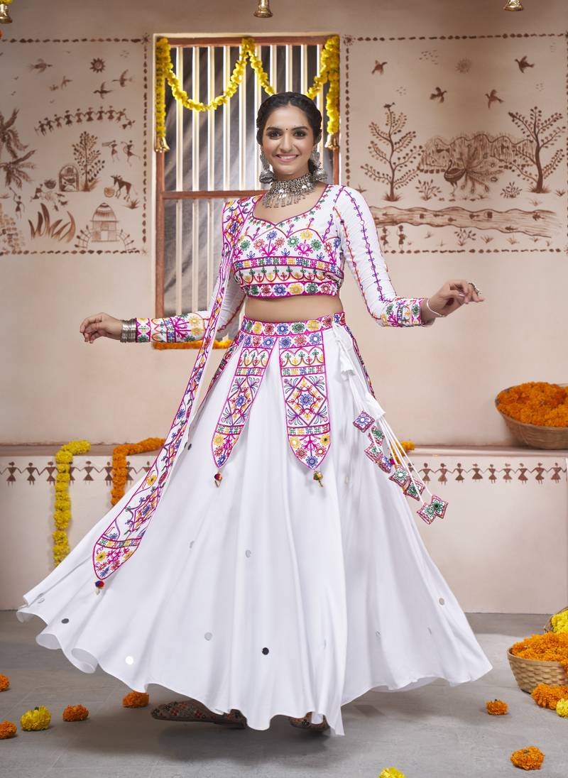 WHITE THREAD EMBROIDERED WITH MIRROR WORK VISCOSE RAYON TRADITIONAL NAVRATRI GARBA FESTIVAL STITCHED LEHENGA CHOLI