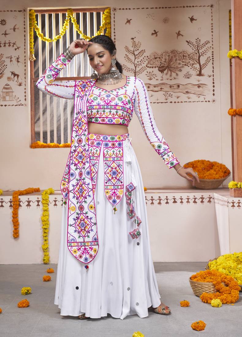 WHITE THREAD EMBROIDERED WITH MIRROR WORK VISCOSE RAYON TRADITIONAL NAVRATRI GARBA FESTIVAL STITCHED LEHENGA CHOLI