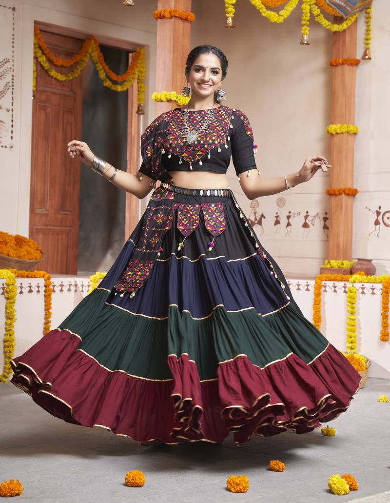 MULTICOLOR THREAD EMBROIDERED WITH MIRROR WORK VISCOSE RAYON TRADITIONAL GARBA NAVRATRI 22 METER FLAIR LEHENGA CHOLI