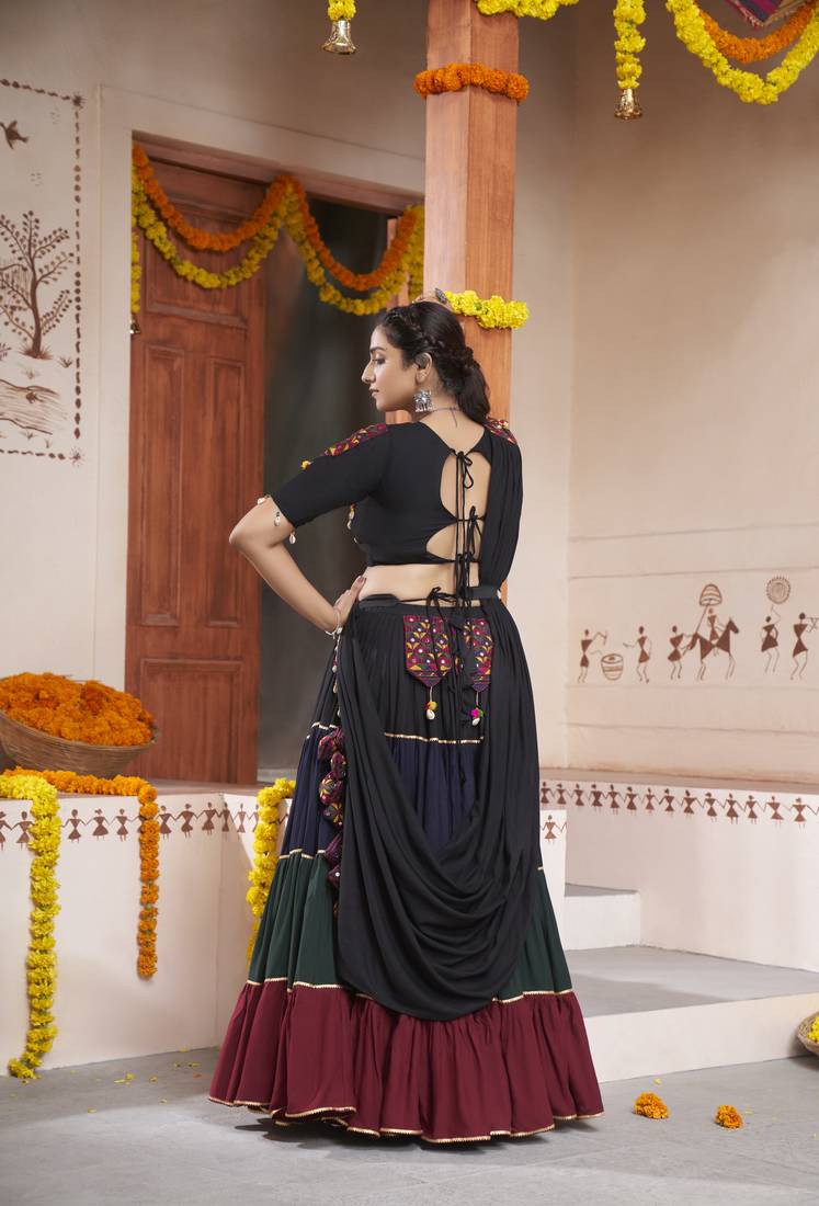 MULTICOLOR THREAD EMBROIDERED WITH MIRROR WORK VISCOSE RAYON TRADITIONAL GARBA NAVRATRI 22 METER FLAIR LEHENGA CHOLI