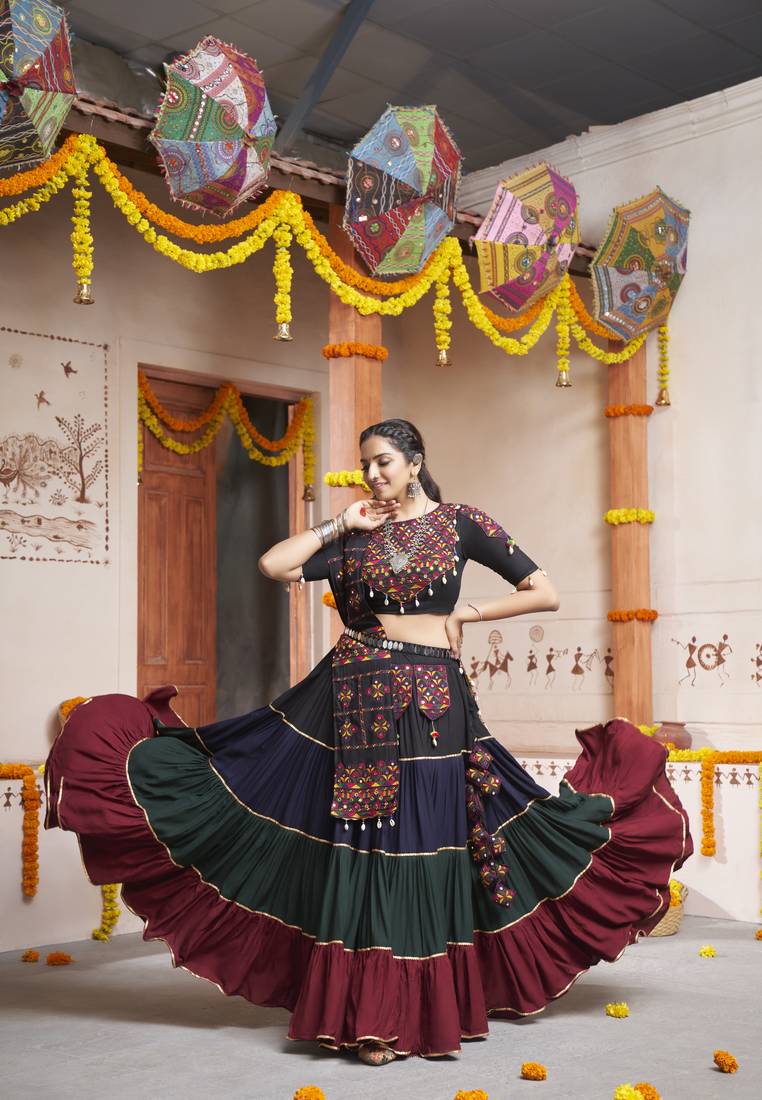 MULTICOLOR THREAD EMBROIDERED WITH MIRROR WORK VISCOSE RAYON TRADITIONAL GARBA NAVRATRI 22 METER FLAIR LEHENGA CHOLI