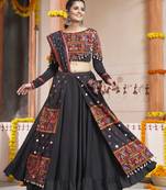 BLACK THREAD EMBROIDERED WITH MIRROR WORK VISCOSE RAYON TRADITIONAL NAVRATRI GARBA FESTIVAL STITCHED LEHENGA CHOLI