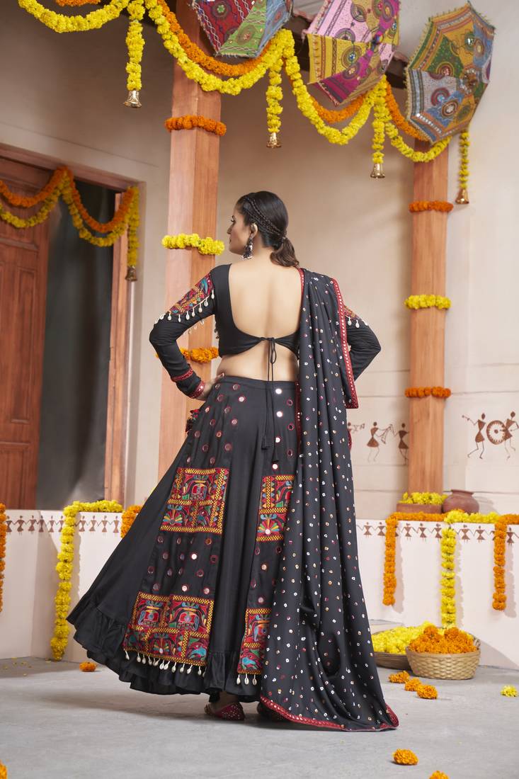 BLACK THREAD EMBROIDERED WITH MIRROR WORK VISCOSE RAYON TRADITIONAL NAVRATRI GARBA FESTIVAL STITCHED LEHENGA CHOLI
