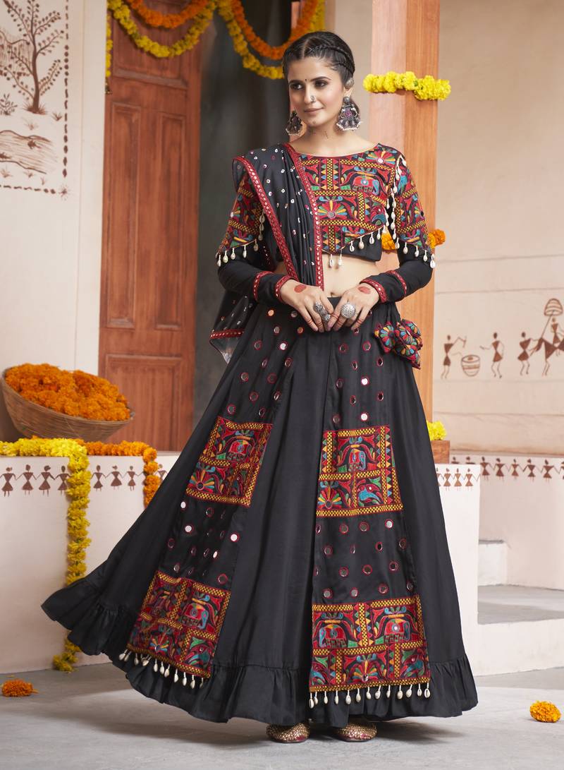 BLACK THREAD EMBROIDERED WITH MIRROR WORK VISCOSE RAYON TRADITIONAL NAVRATRI GARBA FESTIVAL STITCHED LEHENGA CHOLI