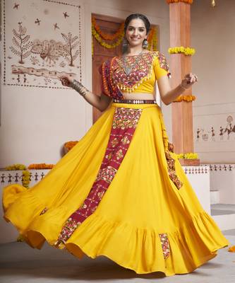 YELLOW THREAD EMBROIDERED WITH MIRROR WORK VISCOSE RAYON TRADITIONAL NAVRATRI GARBA FESTIVAL STITCHED LEHENGA CHOLI 1