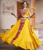 YELLOW THREAD EMBROIDERED WITH MIRROR WORK VISCOSE RAYON TRADITIONAL NAVRATRI GARBA FESTIVAL STITCHED LEHENGA CHOLI