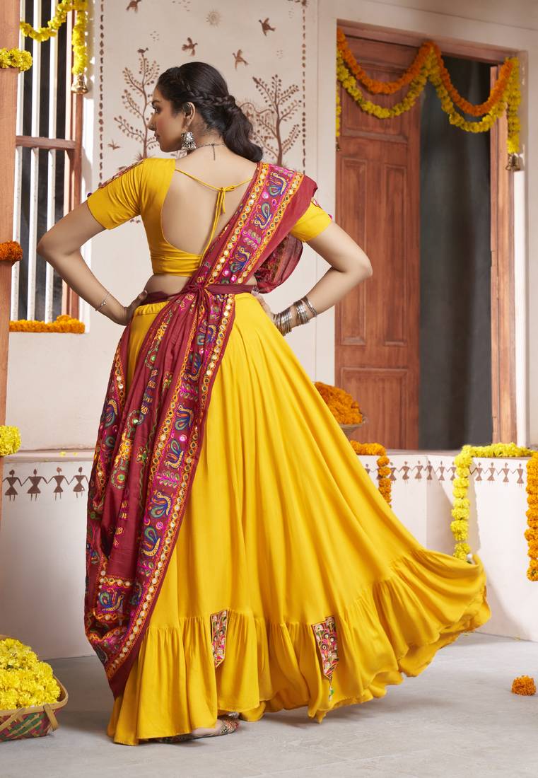 YELLOW THREAD EMBROIDERED WITH MIRROR WORK VISCOSE RAYON TRADITIONAL NAVRATRI GARBA FESTIVAL STITCHED LEHENGA CHOLI