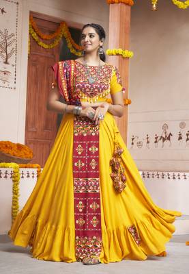 YELLOW THREAD EMBROIDERED WITH MIRROR WORK VISCOSE RAYON TRADITIONAL NAVRATRI GARBA FESTIVAL STITCHED LEHENGA CHOLI 4