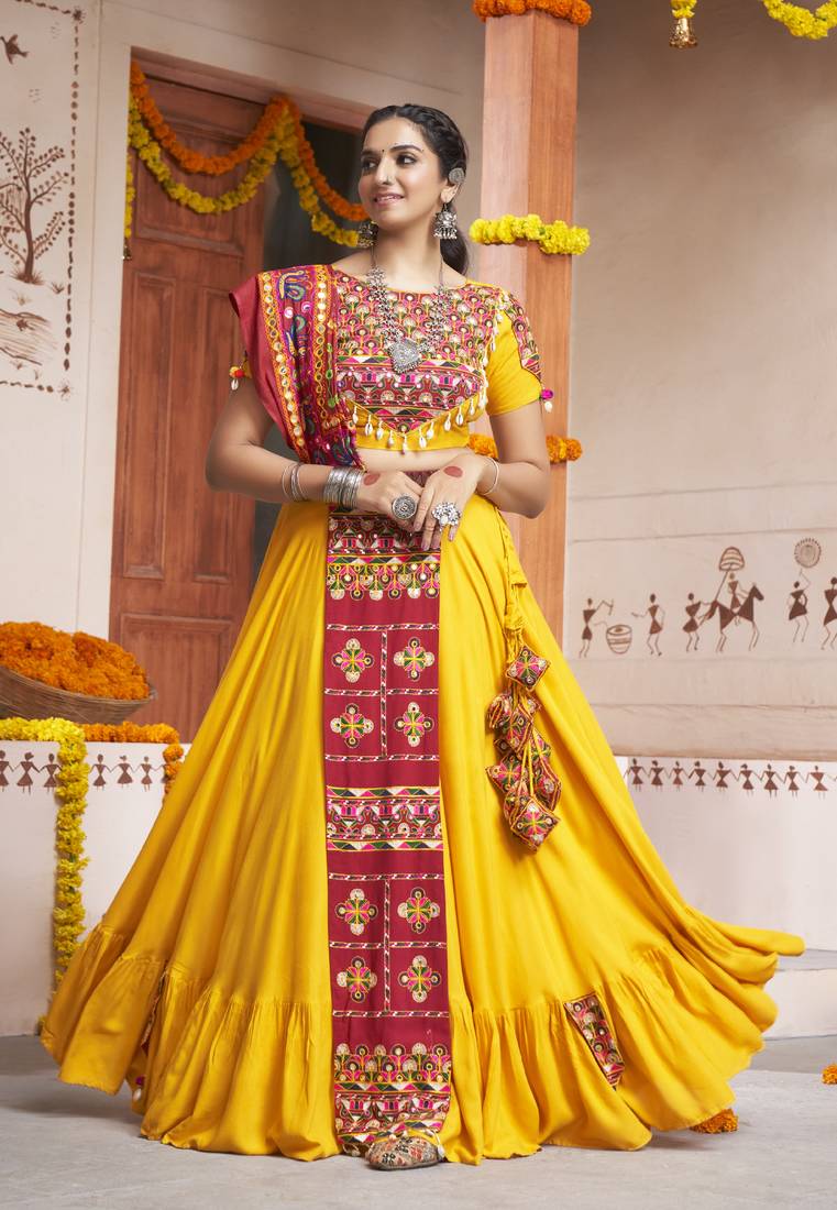 YELLOW THREAD EMBROIDERED WITH MIRROR WORK VISCOSE RAYON TRADITIONAL NAVRATRI GARBA FESTIVAL STITCHED LEHENGA CHOLI
