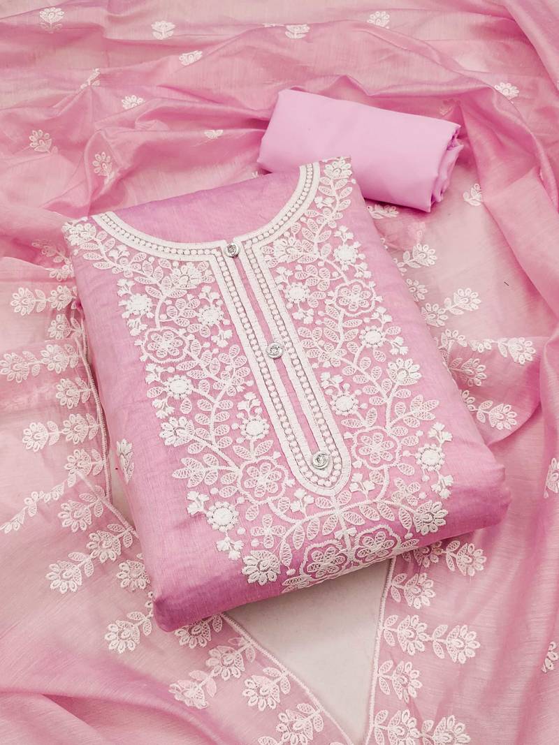 Chanderi elegance: embroidered ensemble with micro crape bottom