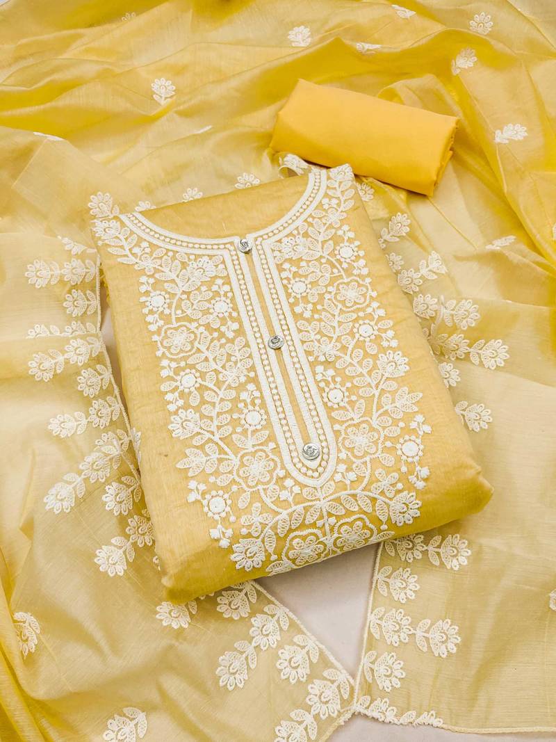 Chanderi elegance: embroidered ensemble with micro crape bottom
