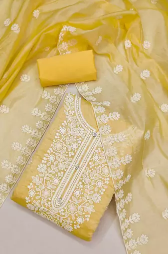 Chanderi elegance: embroidered ensemble with micro crape bottom