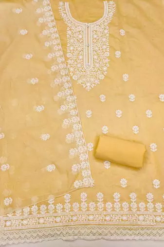 Chanderi elegance: embroidered ensemble with micro crape bottom