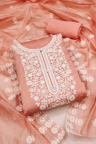 Chanderi elegance: embroidered ensemble with micro crape bottom