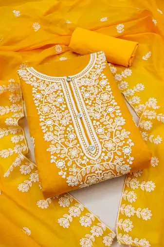 Chanderi elegance: embroidered ensemble with micro crape bottom