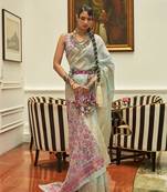 Sky blue color handloom weaving silk blend work saree with blouse