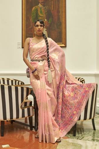 Light pink color handloom weaving silk Blend work saree with blouse