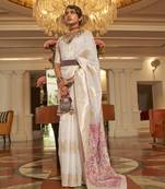 White color handloom weaving silk blend work saree with blouse