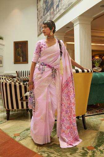 Light pink color handloom weaving silk blend work saree with blouse