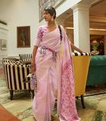 Light pink color handloom weaving silk blend work saree with blouse