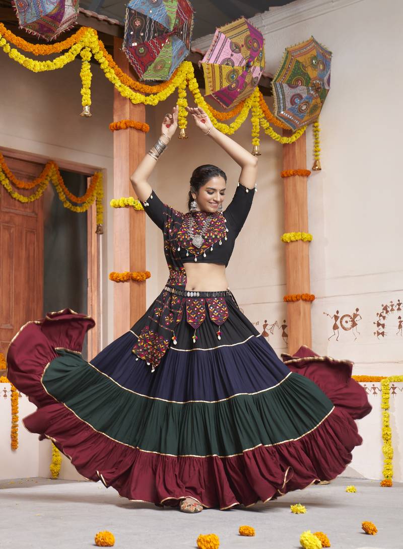 MULTICOLOR THREAD EMBROIDERED WITH MIRROR WORK VISCOSE RAYON TRADITIONAL GARBA NAVRATRI 22 METER FLAIR LEHENGA CHOLI