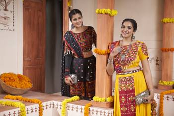 YELLOW THREAD EMBROIDERED WITH MIRROR WORK VISCOSE RAYON TRADITIONAL NAVRATRI GARBA FESTIVAL STITCHED LEHENGA CHOLI 5