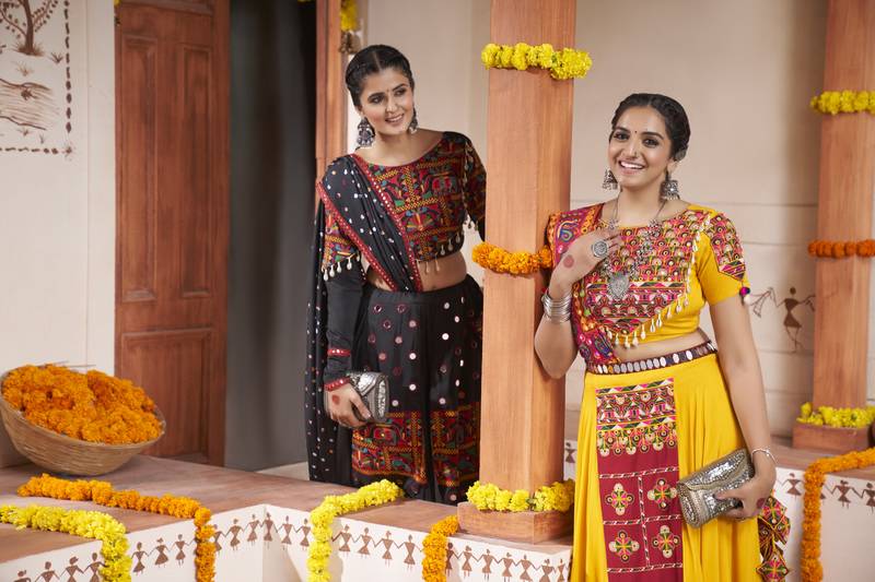 BLACK THREAD EMBROIDERED WITH MIRROR WORK VISCOSE RAYON TRADITIONAL NAVRATRI GARBA FESTIVAL STITCHED LEHENGA CHOLI