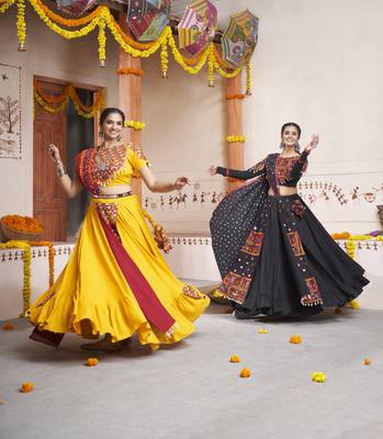 YELLOW THREAD EMBROIDERED WITH MIRROR WORK VISCOSE RAYON TRADITIONAL NAVRATRI GARBA FESTIVAL STITCHED LEHENGA CHOLI 6