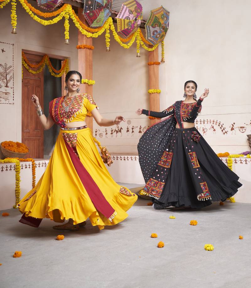 YELLOW THREAD EMBROIDERED WITH MIRROR WORK VISCOSE RAYON TRADITIONAL NAVRATRI GARBA FESTIVAL STITCHED LEHENGA CHOLI