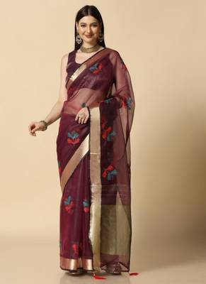 Wine Designer Party Wear Organza Saree 1