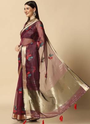 Wine Designer Party Wear Organza Saree 2