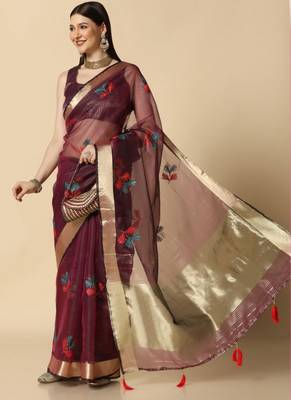 Wine Designer Party Wear Organza Saree 3