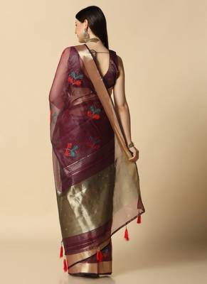 Wine Designer Party Wear Organza Saree 4