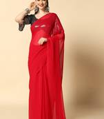 Red Chiffon Plain Saree With Black Georgette Sequence Blouse
