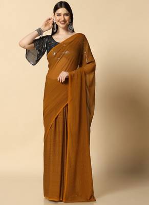 Mustard Chiffon Plain Saree With Black Georgette Sequence Blouse 1