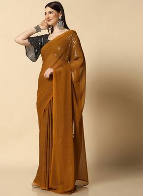 Mustard Chiffon Plain Saree With Black Georgette Sequence Blouse 2