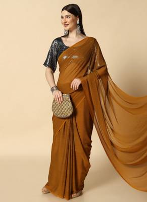 Mustard Chiffon Plain Saree With Black Georgette Sequence Blouse 3