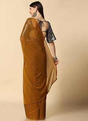 Mustard Chiffon Plain Saree With Black Georgette Sequence Blouse 4