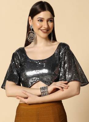 Mustard Chiffon Plain Saree With Black Georgette Sequence Blouse 5