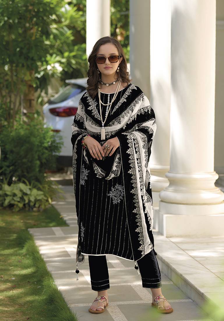Black color soft organza semi stitched embroidered salwar kameez